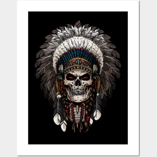Ancient Indian Chief Skull with feathers Posters and Art